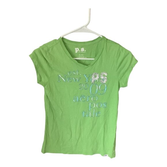 P.S From Aeropostale Girls Shirt Est New York 2009 Graphic Tee Size XL 14 Green - Picture 11 of 12